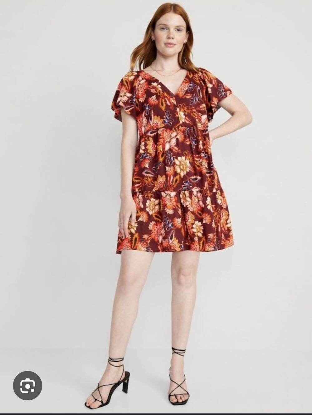 Old Navy Red Floral V-Neck Tiered Mini Dress